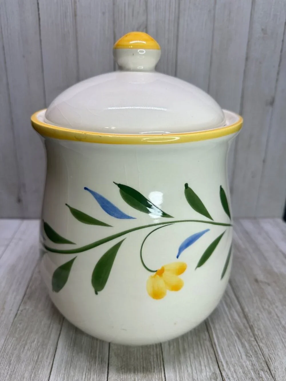 Vtg Floral Painted Cookie Jar Ivy Ceramic Container w/ Lid 10.5